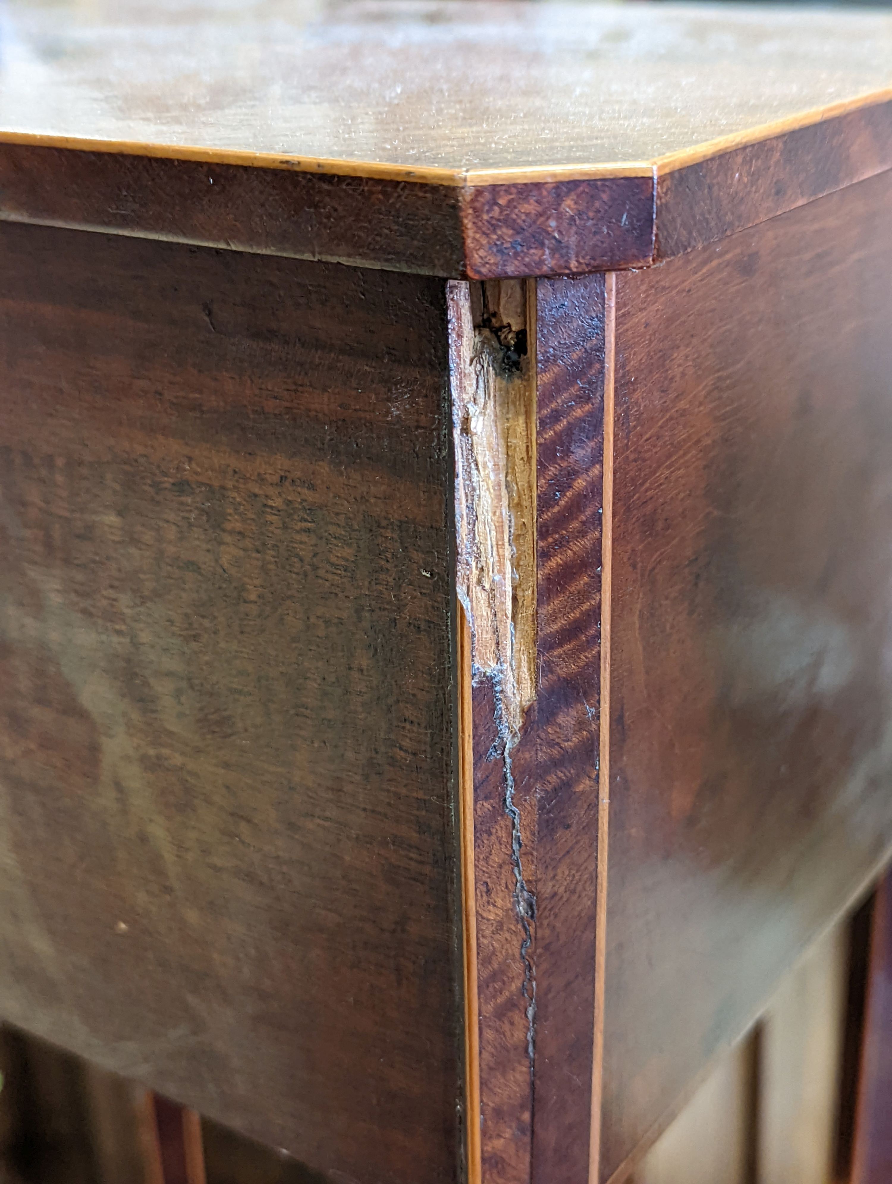 A pair of Sheraton revival inlaid mahogany two drawer bedside tables, width 30cm, height 67cm